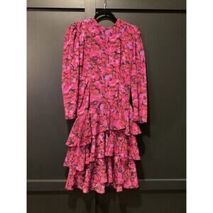 Vintage Jody california Ruffled Long Sleeve Tiered Floral Purple pink midi Dress